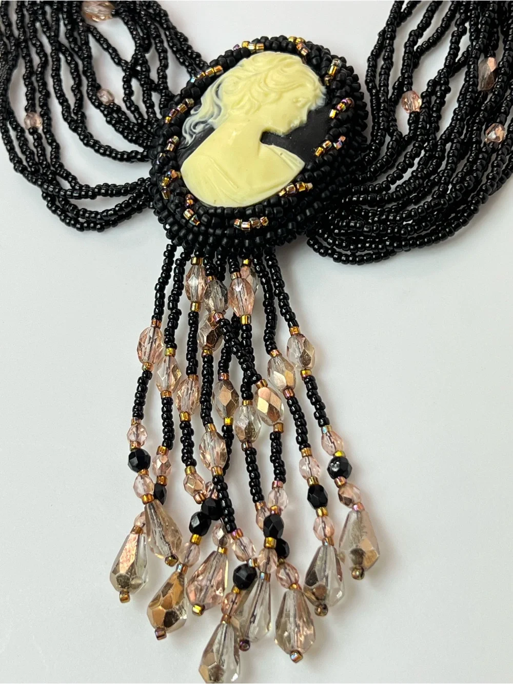 Vintage Multi Strand Black Glass Bead Cameo Necklace Victorian Revival 28”